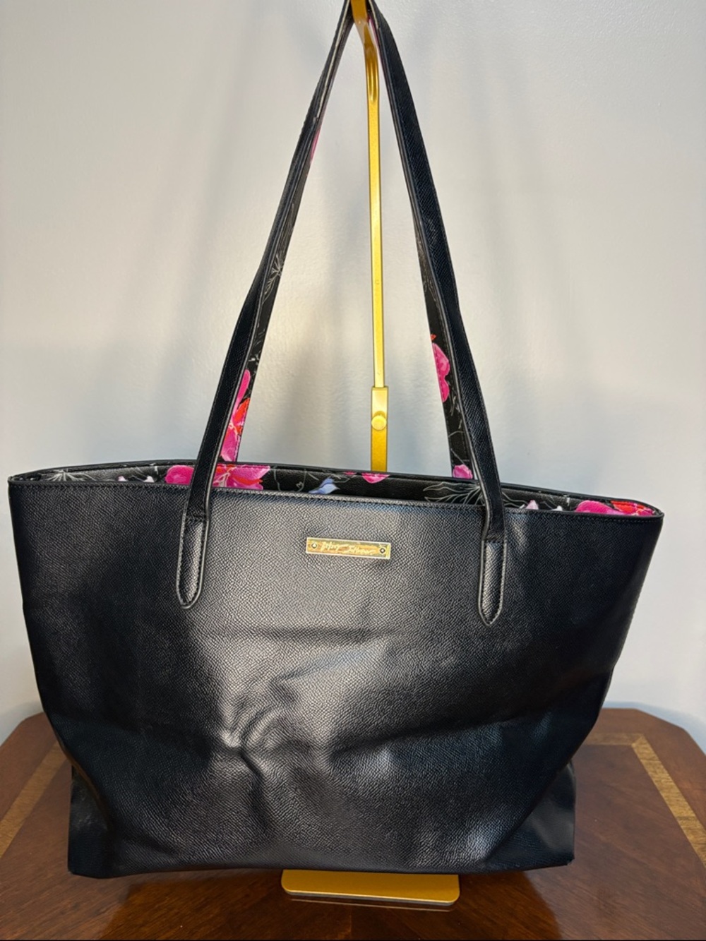 Betsy Johnson Black Tote Handbag with Pink Floral Lining
